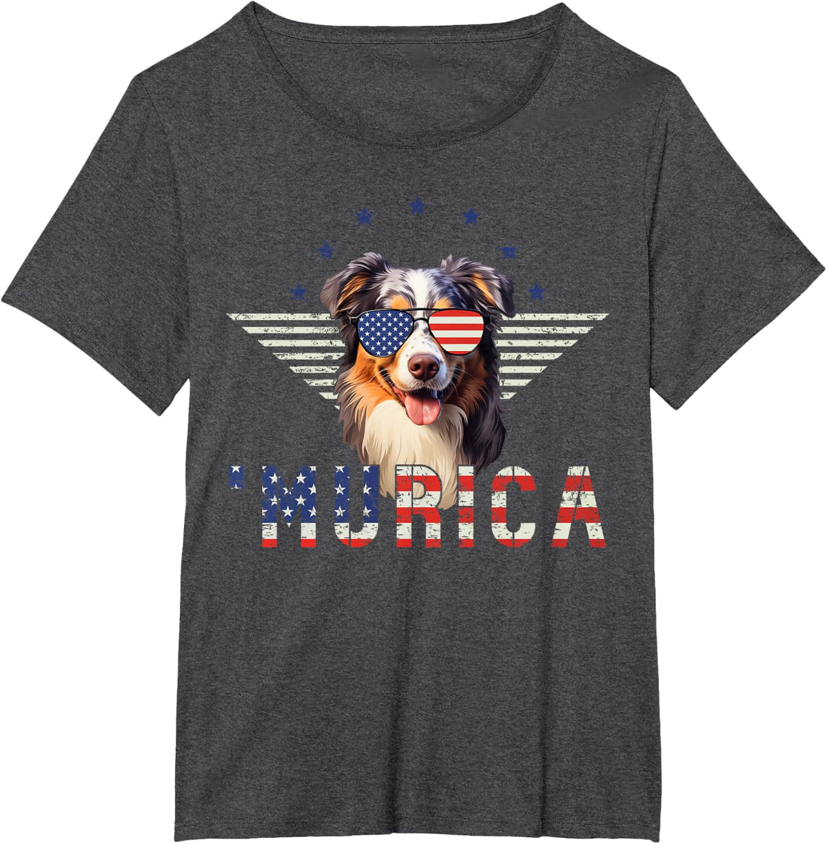 Murica Australian Shepherd Sunglasses American Flag 4th July T-Shirt - Dark Heather Grey