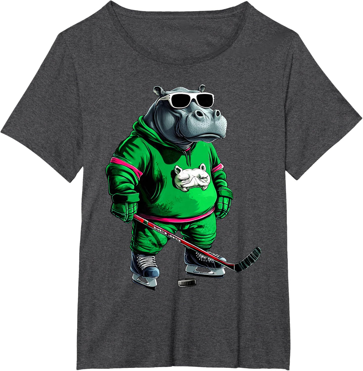 Ice Hockey Hippo T-Shirt - Dark Heather Grey