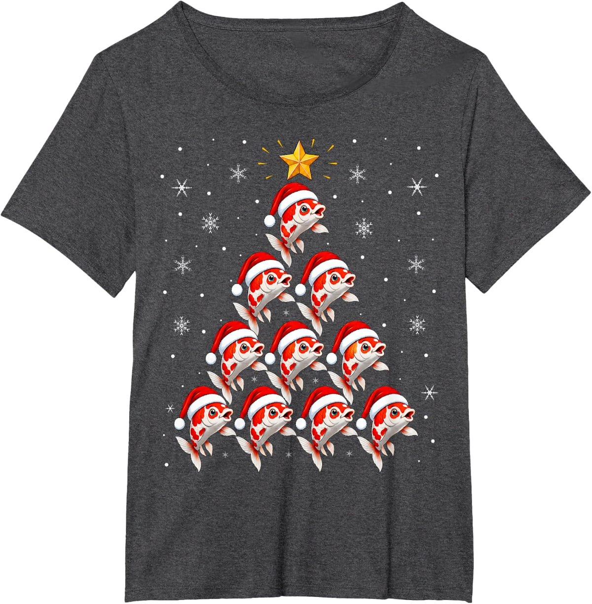Cute Santa Hat Koi Fish Christmas Tree T-Shirt - Dark Heather Grey