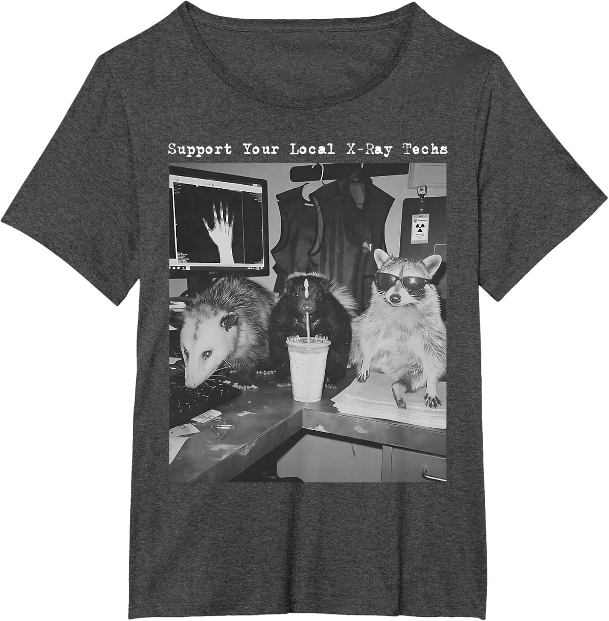 Support Your Local X-ray Techs Raccoon Possum Iced Coffee T-Shirt - Dark Heather Grey