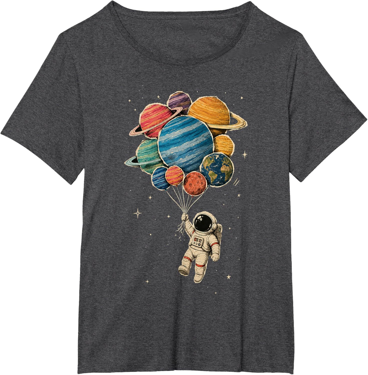 Vintage Space Theme - Astronaut Planet Balloons Space T-Shirt - Dark Heather Grey