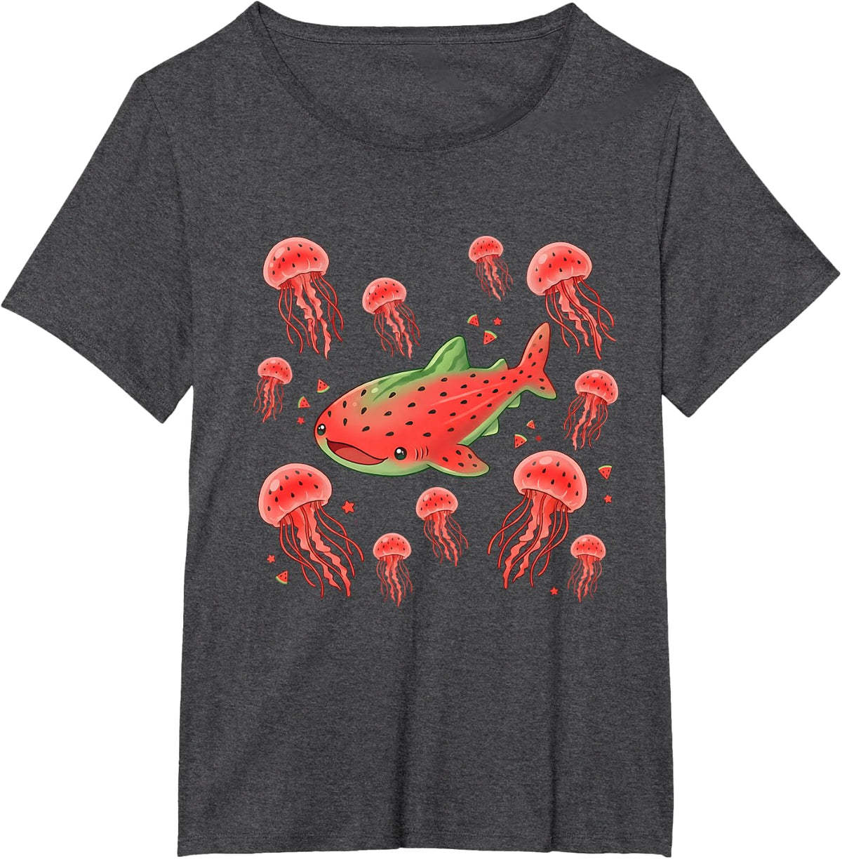 Cute Watermelon Whale Shark Jellyfish Kawaii Summer T-Shirt - Dark Heather Grey