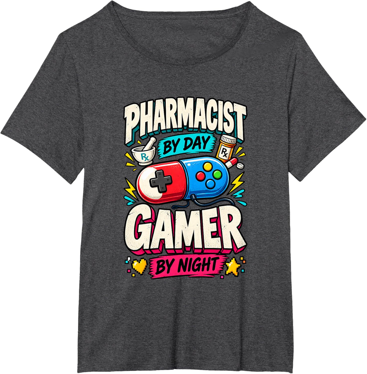 Pharmacy Tech Gamer By Night Video Game Humor T-Shirt - Dark Heather Grey