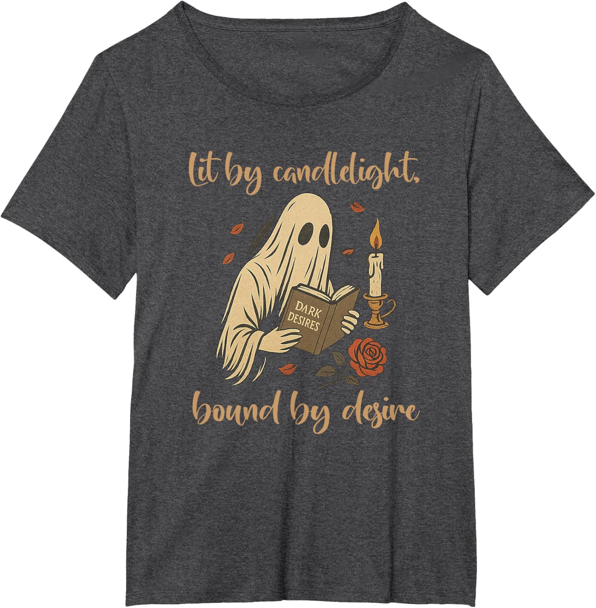 Dark Romance Reading Ghost - Lit Candlelight Bound by Desire T-Shirt - Dark Heather Grey