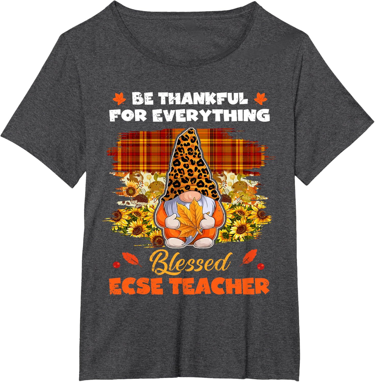 Thankful Blessed ECSE Teacher Gnome Thanksgiving T-Shirt - Dark Heather Grey