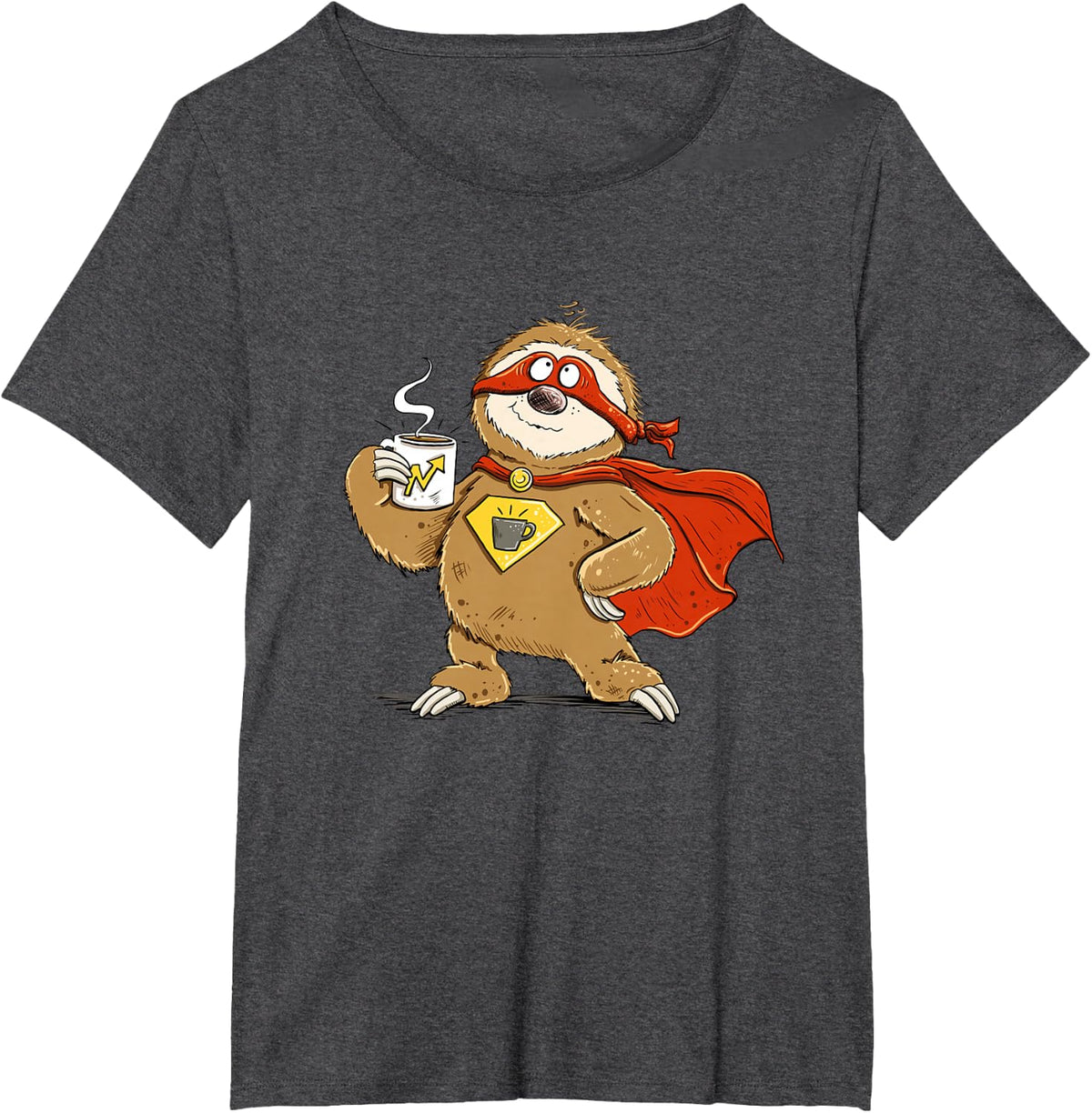Sloth Superhero Coffee Funny Morning Cartoon Statement T-Shirt - Dark Heather Grey