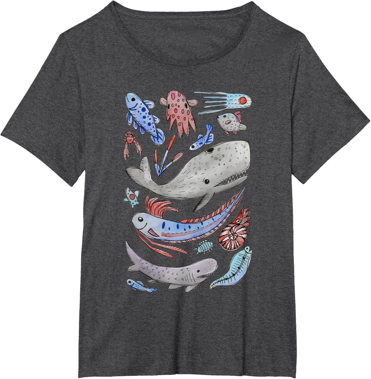 Deep Sea Ocean Creatures Oarfish Whale Shark Watercolor T-Shirt - Dark Heather Grey