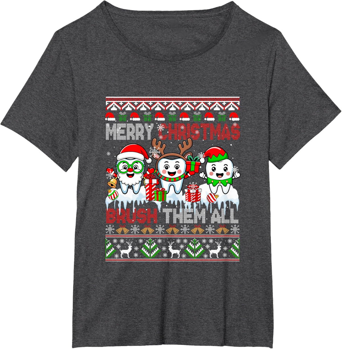 Merry Christmas Brush All Dentist Sweater Three Santa Teeth T-Shirt - Dark Heather Grey