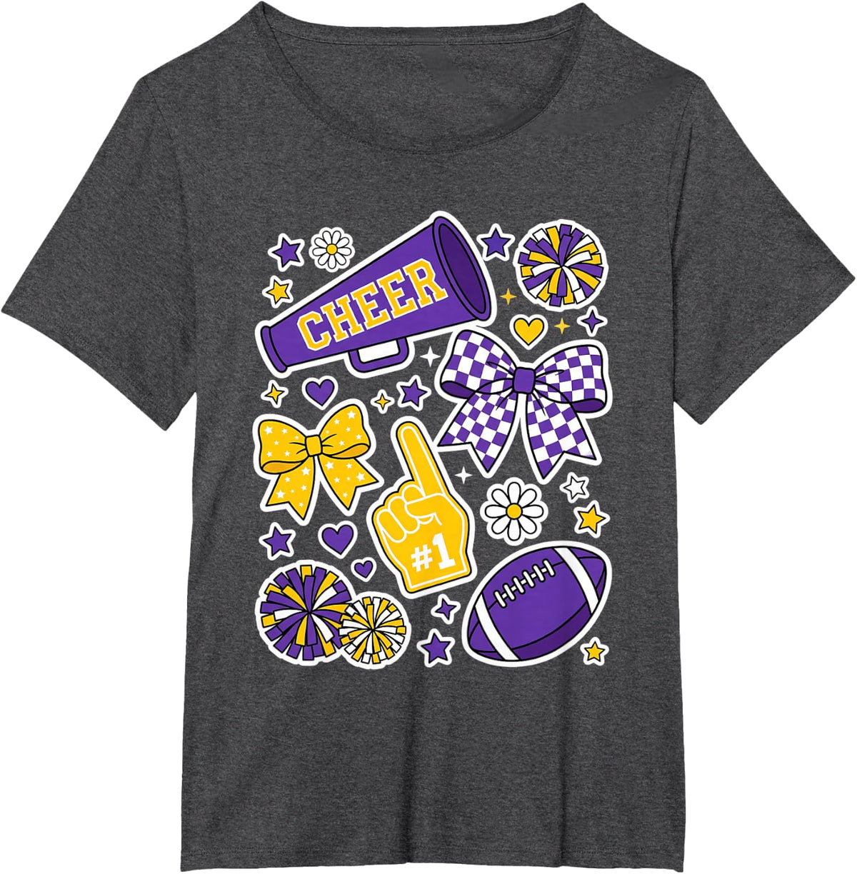 Cheer #1 Football Cheerleader Megaphone Bows Pom Poms T-Shirt - Dark Heather Grey