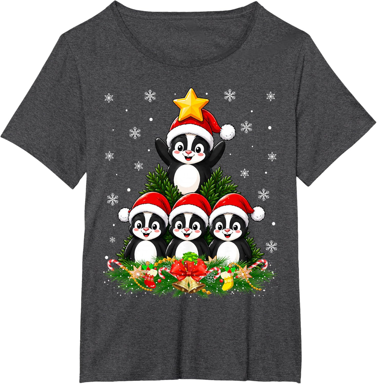 Penguin Christmas Tree Cute Penguin Festive Cheer Xmas T-Shirt - Dark Heather Grey
