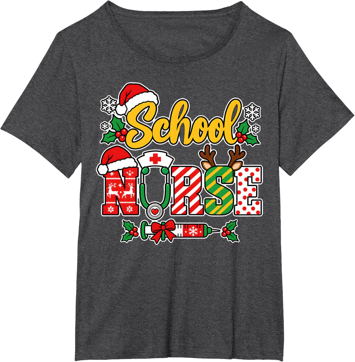 School Nurse Christmas Stethoscope Bow Santa Xmas T-Shirt - Dark Heather Grey