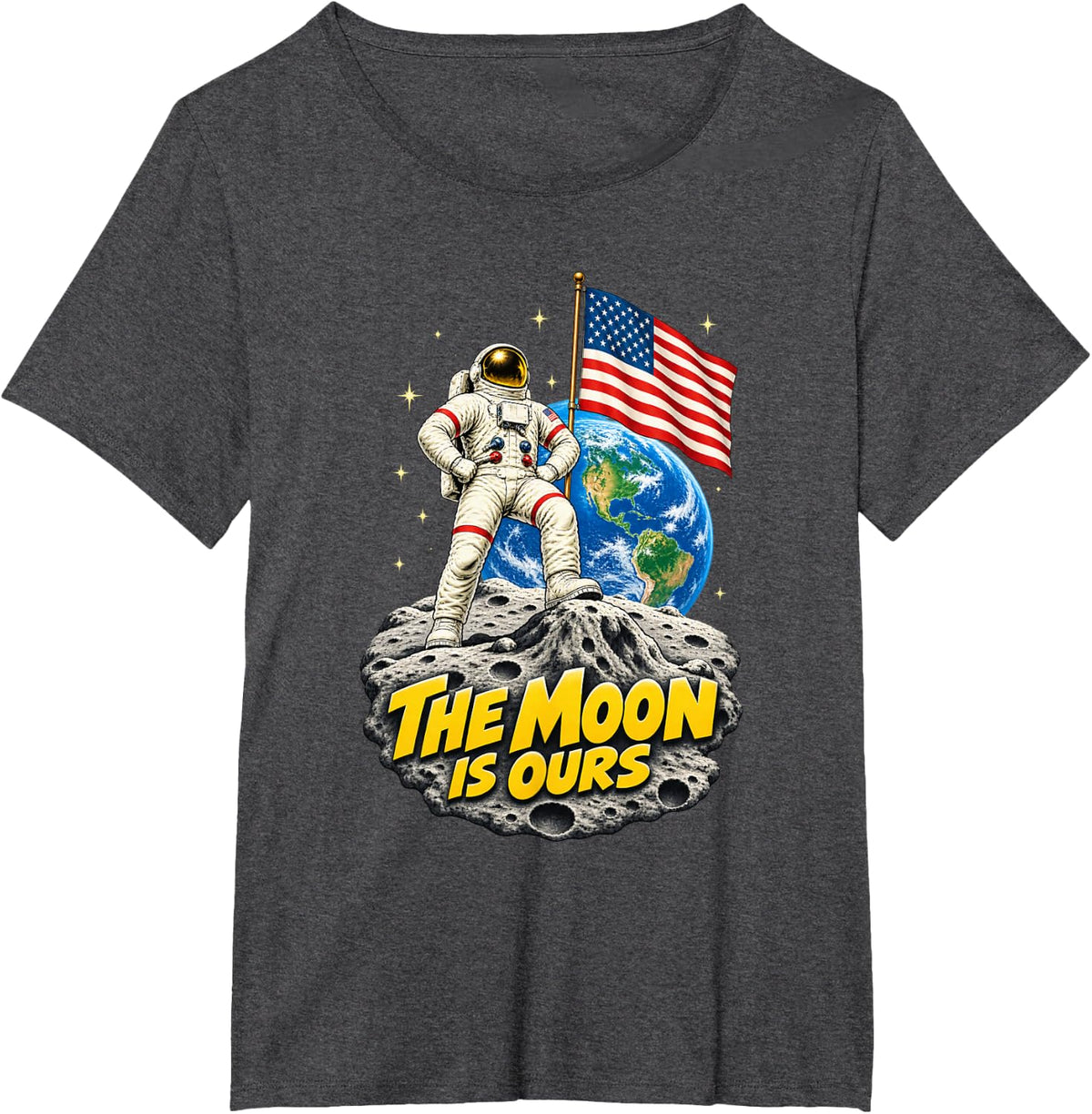 Cool Comic Astronaut Flag Funny USA Space The Moon is Ours T-Shirt - Dark Heather Grey
