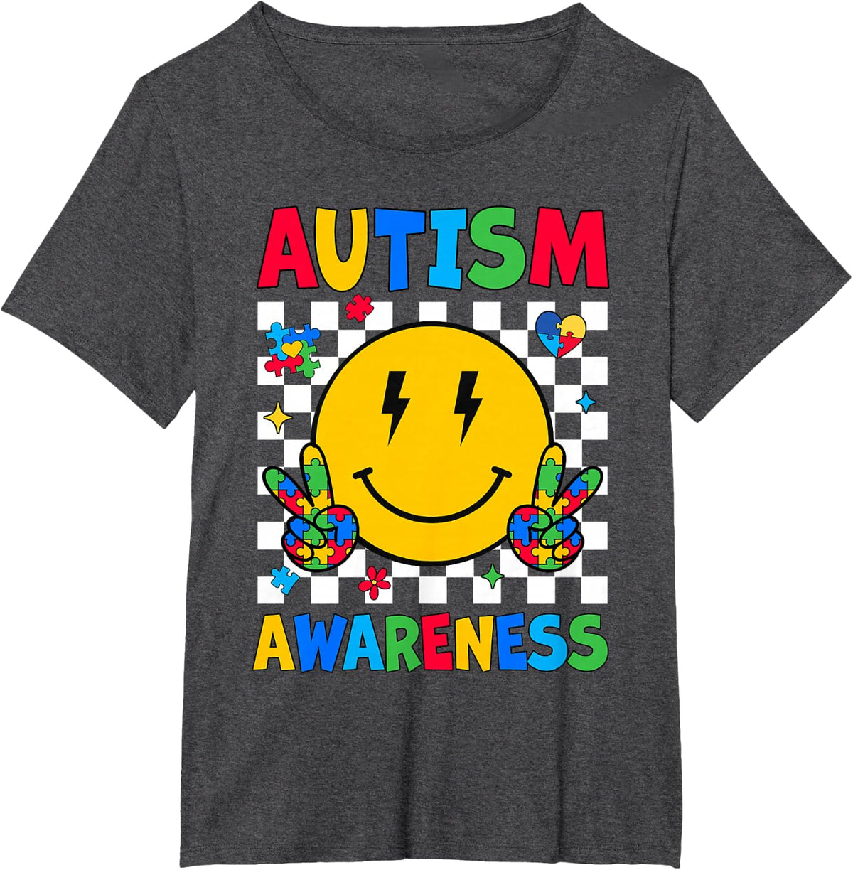 Autism Awareness Autism Squad Support Smile Face Women Men T-Shirt - Dark Heather Grey