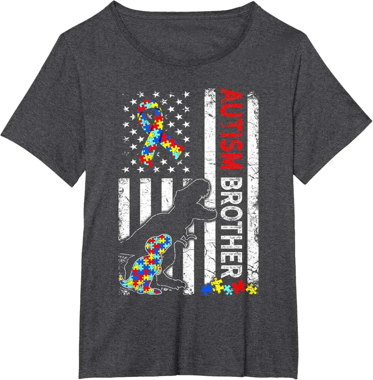 American Flag Autism Brother Dinosaur Awareness Autistic T-Shirt - Dark Heather Grey