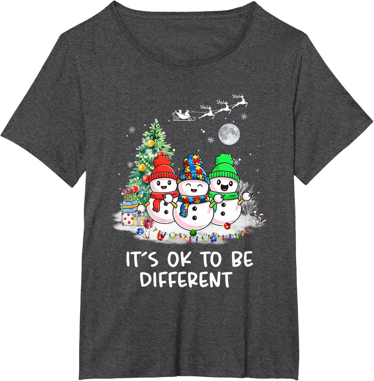 Its Ok Different Snowman Puzzle Autism Awareness Xmas T-Shirt - Dark Heather Grey