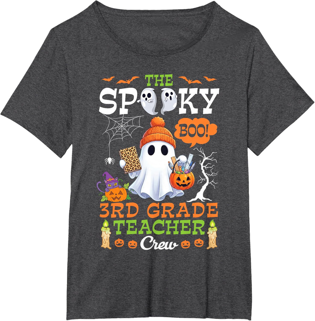 The Spooky Boo 3rd Grade Teacher Crew Halloween Cute Ghost T-Shirt - Dark Heather Grey