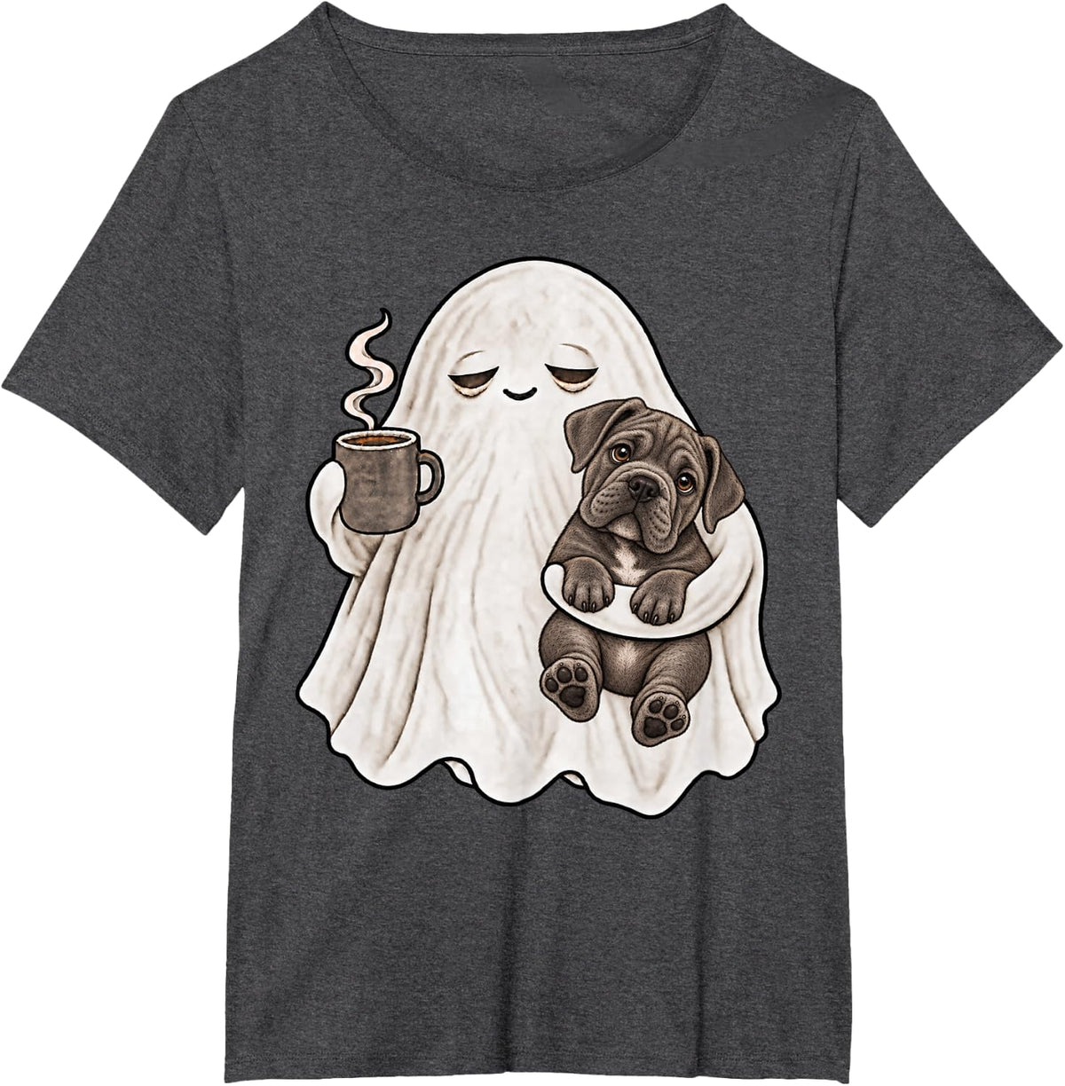 Cute Halloween Pyjama Tired Coffee Ghost Holding Cane Corso T-Shirt - Dark Heather Grey