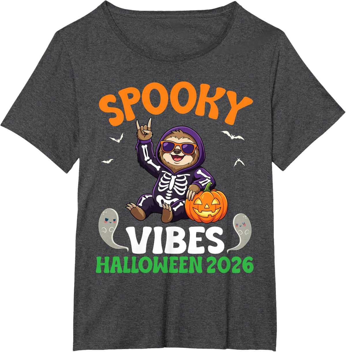 Spooky Vibes Halloween 2026 Rocking Sloth Skeleton Pumpkins T-Shirt - Dark Heather Grey