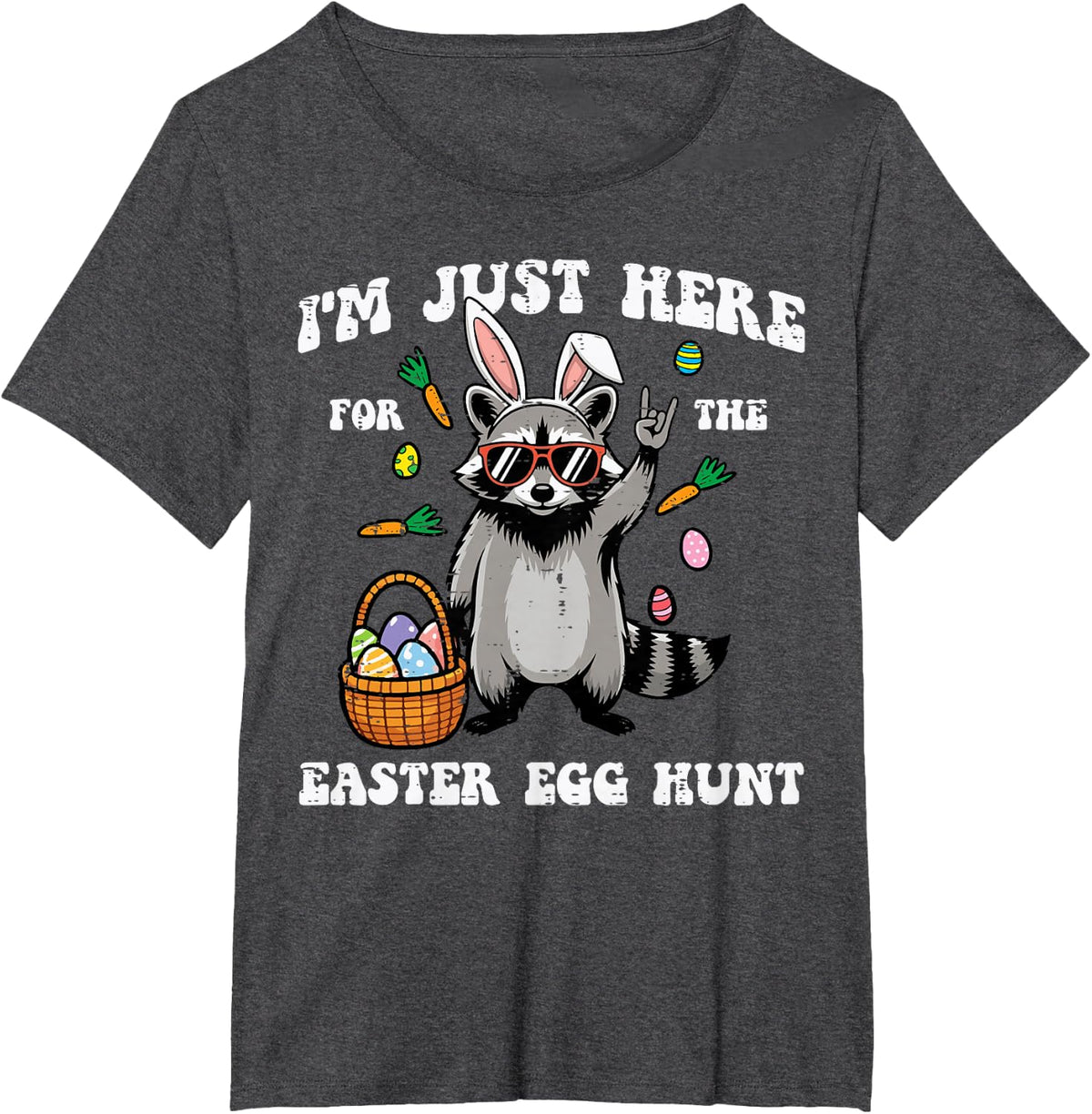 Im Just Here for Easter Egg Hunt Raccoon Boys Girls Kids T-Shirt - Dark Heather Grey