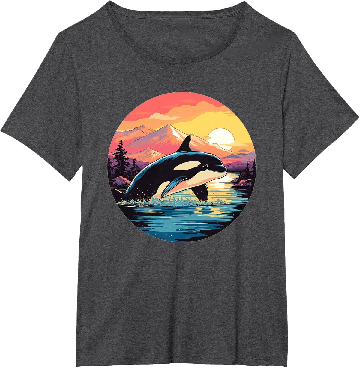 Orca Whale Mountain Sunset Adventure T-Shirt - Dark Heather Grey