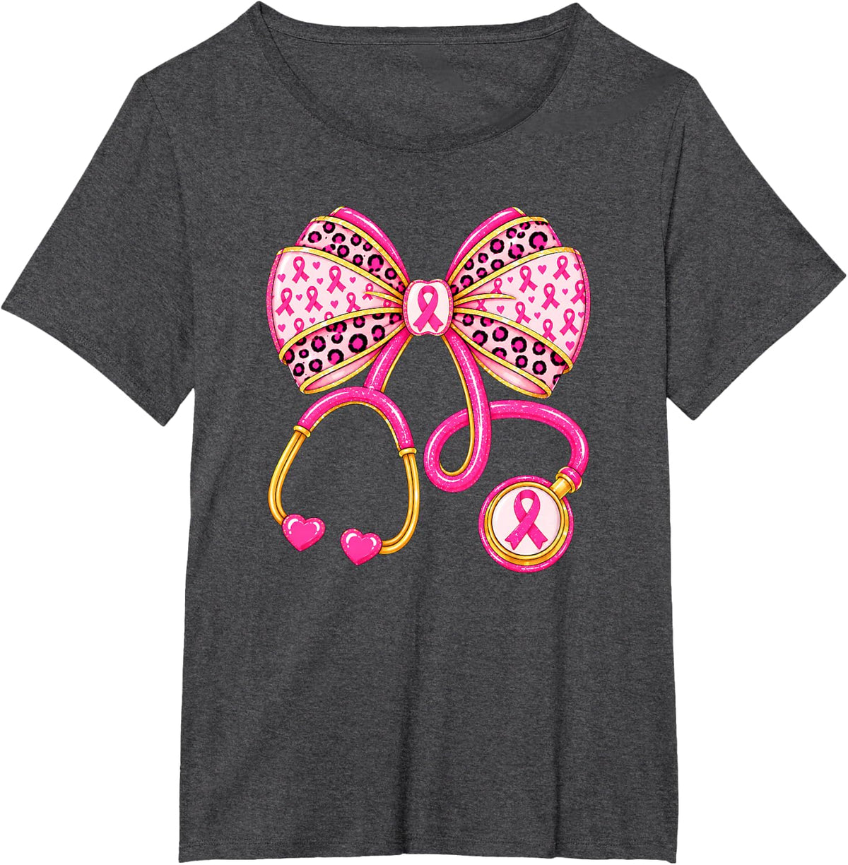 Nurse Stethoscope Breast Cancer Awareness Pink Ribbon Bow T-Shirt - Dark Heather Grey