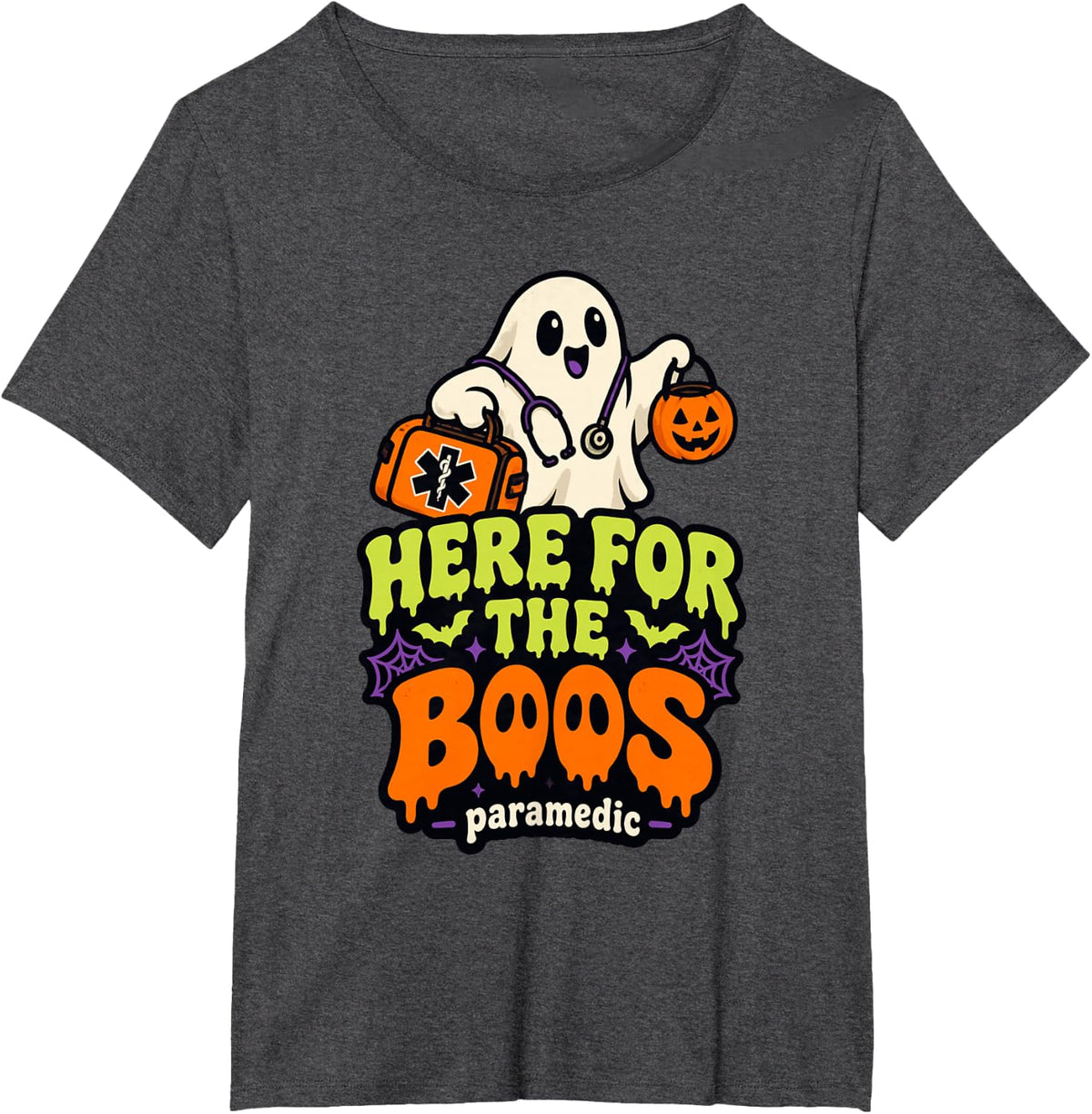 Here for The Boos Paramedic Halloween Ghost EMT First Respo T-Shirt - Dark Heather Grey
