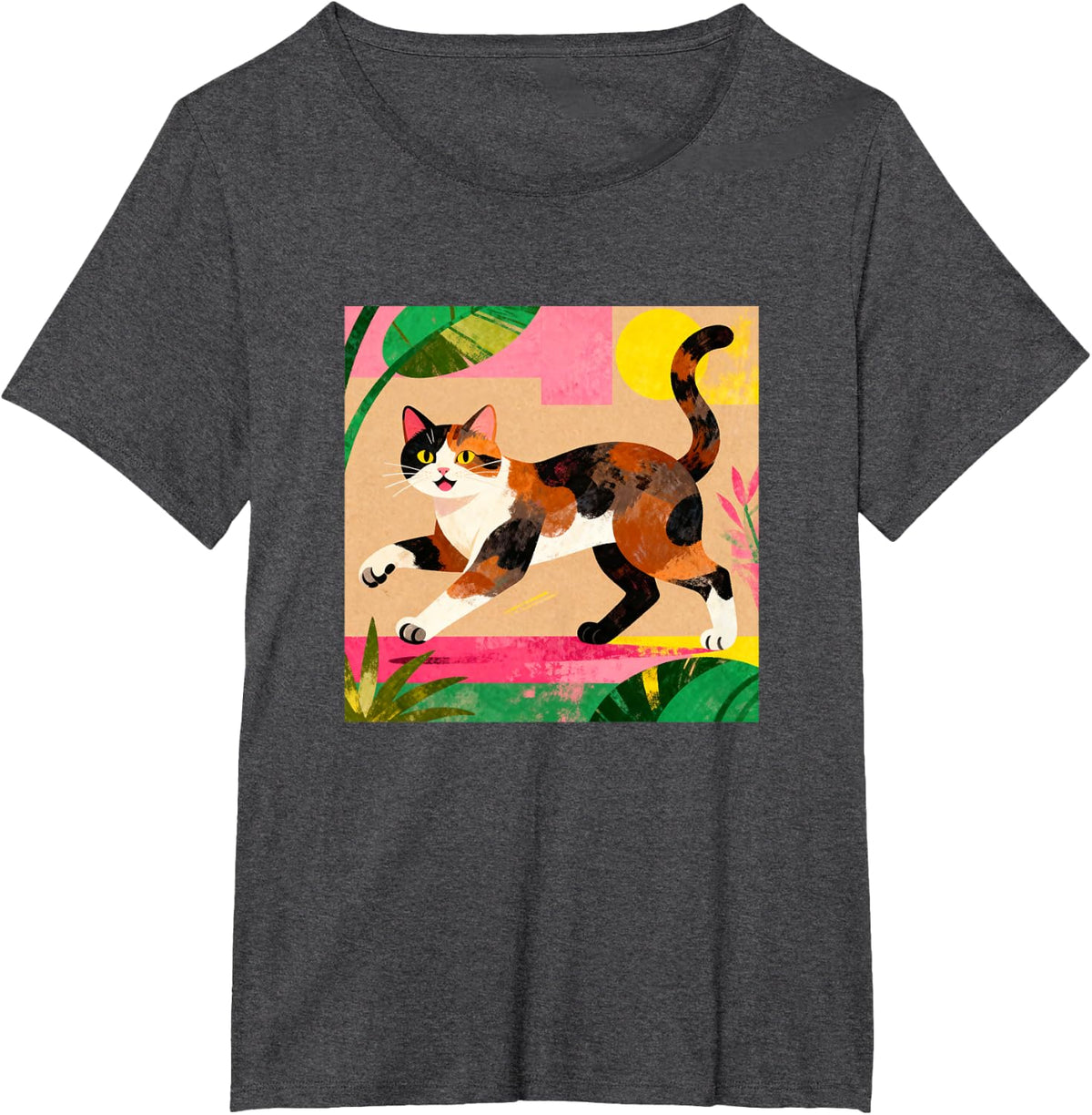 Cute Calico Cat Artsy Design T-Shirt - Dark Heather Grey