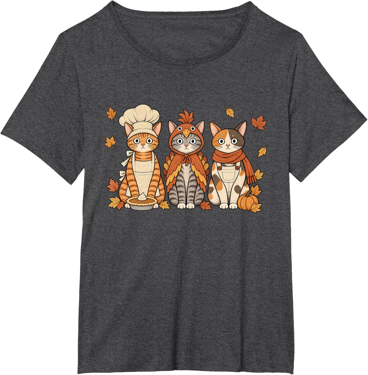 Thanksgiving Cats Trio Turkey Costume Pumpkin Pie Fall Leave T-Shirt - Dark Heather Grey