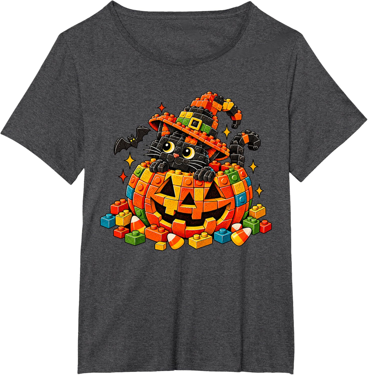 Retro Halloween Black Cat Pumpkin Building Blocks Boys Kids T-Shirt - Dark Heather Grey
