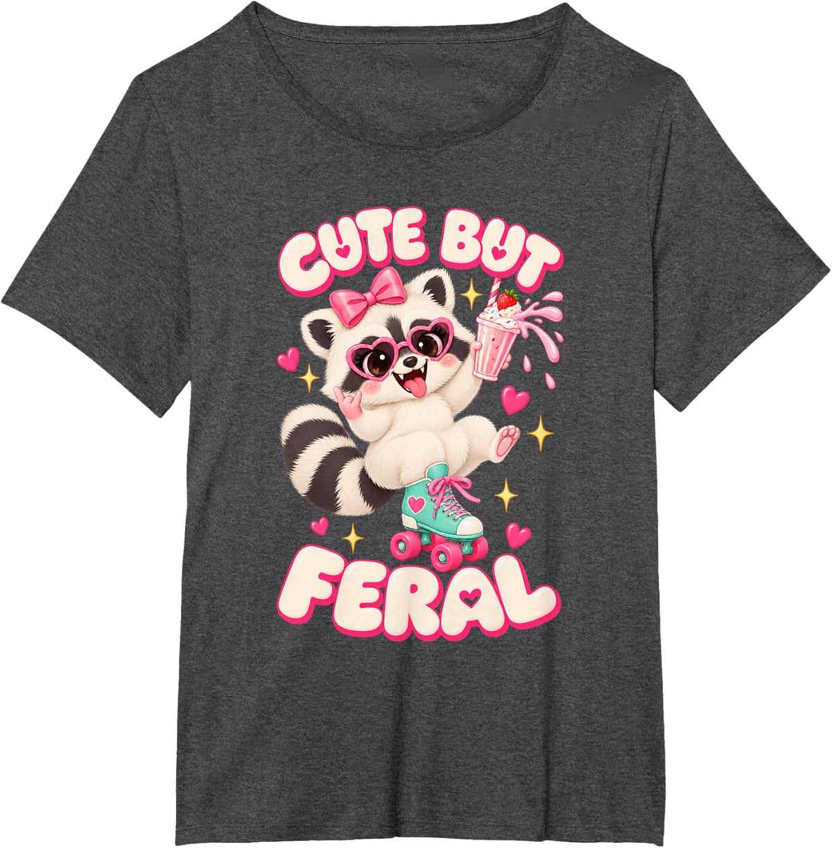 Roller Skate Raccoon Shake Funny Girls Kawaii Cute But Feral T-Shirt - Dark Heather Grey