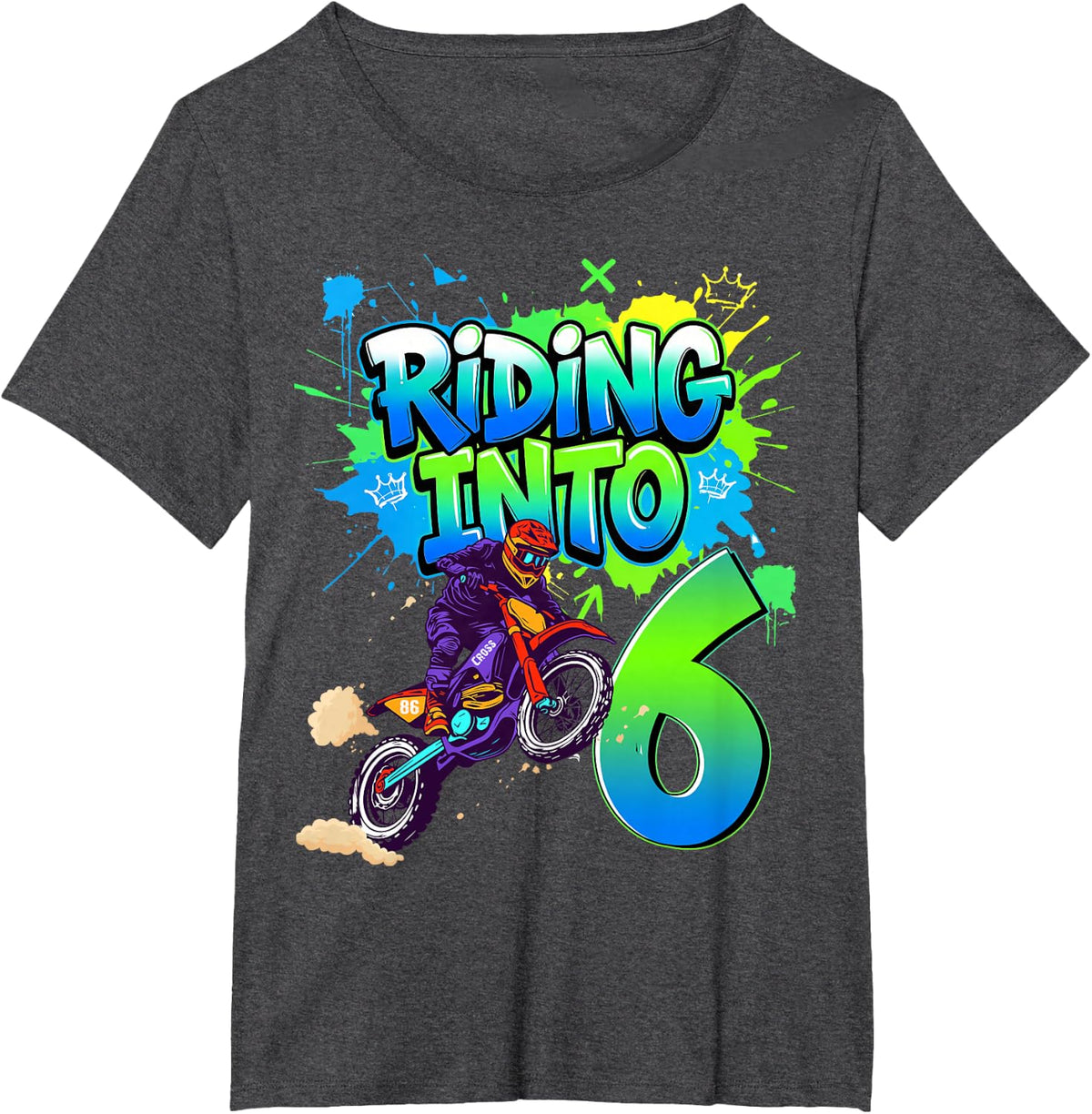 Riding Into 6 Years Old 6th Birthday Dirt Bike Boy Party T-Shirt Tee - Dark Heather Grey