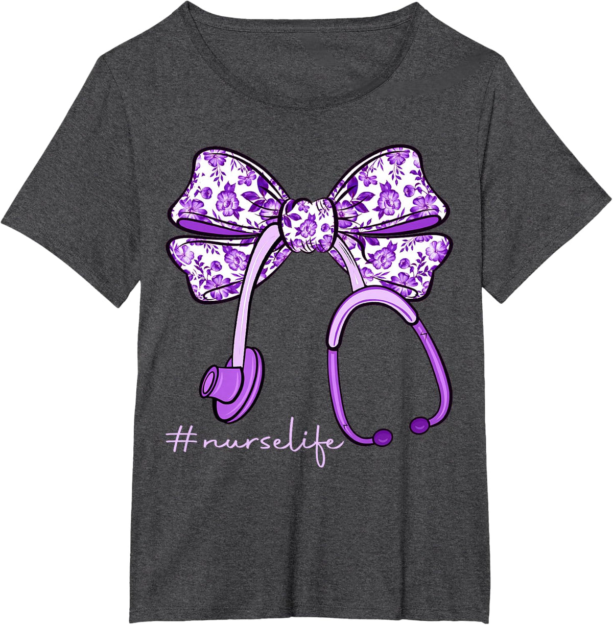 Nurse Life Purple Stethoscope Bow Nursing Nurse Week Womens T-Shirt - Dark Heather Grey