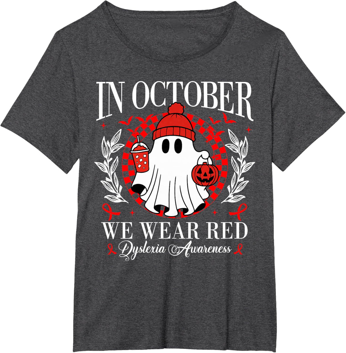 October We Wear Red Dyslexia Awareness Month Halloween Ghost T-Shirt - Dark Heather Grey