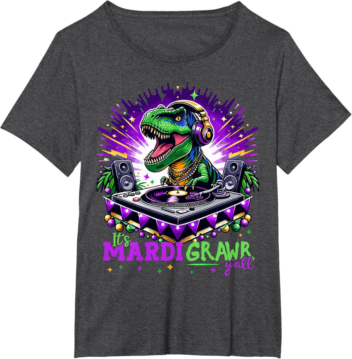 Mardi Grawr Trex Dino DJ Costume Toddler Boy Kids Mardi Gras T-Shirt - Dark Heather Grey