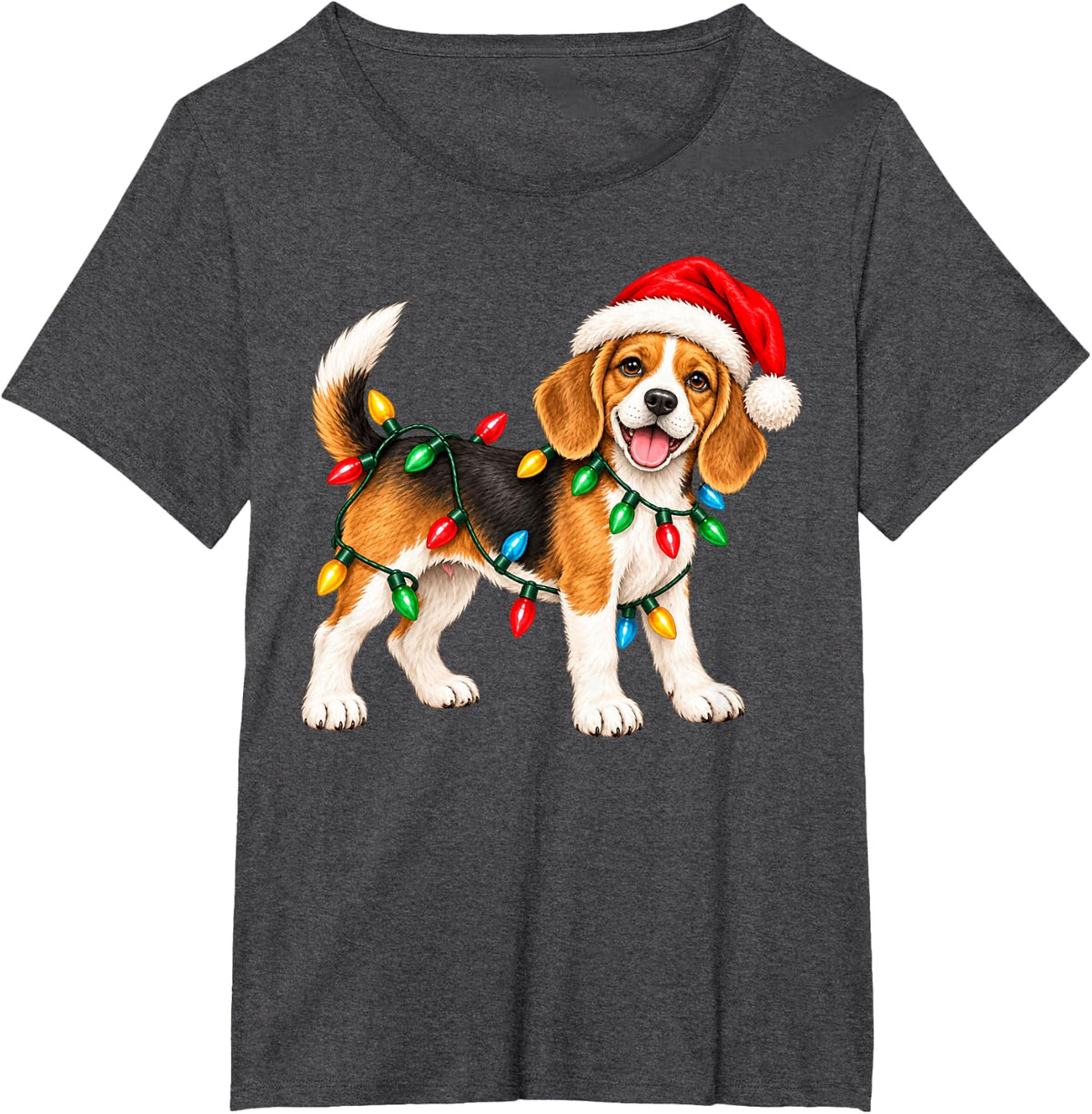 Christmas Beagle Dog Holiday Puppy Lights Hat Santa Design T-Shirt - Dark Heather Grey