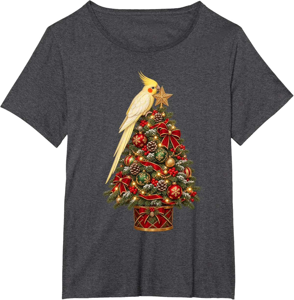 Cute Christmas Cockatiel Bird Decorating Christmas Tree T-Shirt - Dark Heather Grey