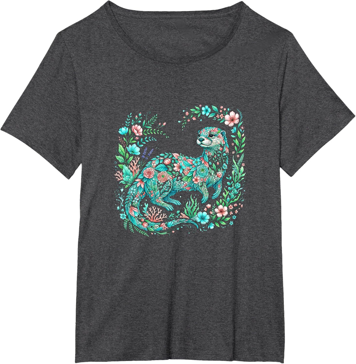 Floral Otter Sea Weasel Botanical Ocean Art T-Shirt - Dark Heather Grey
