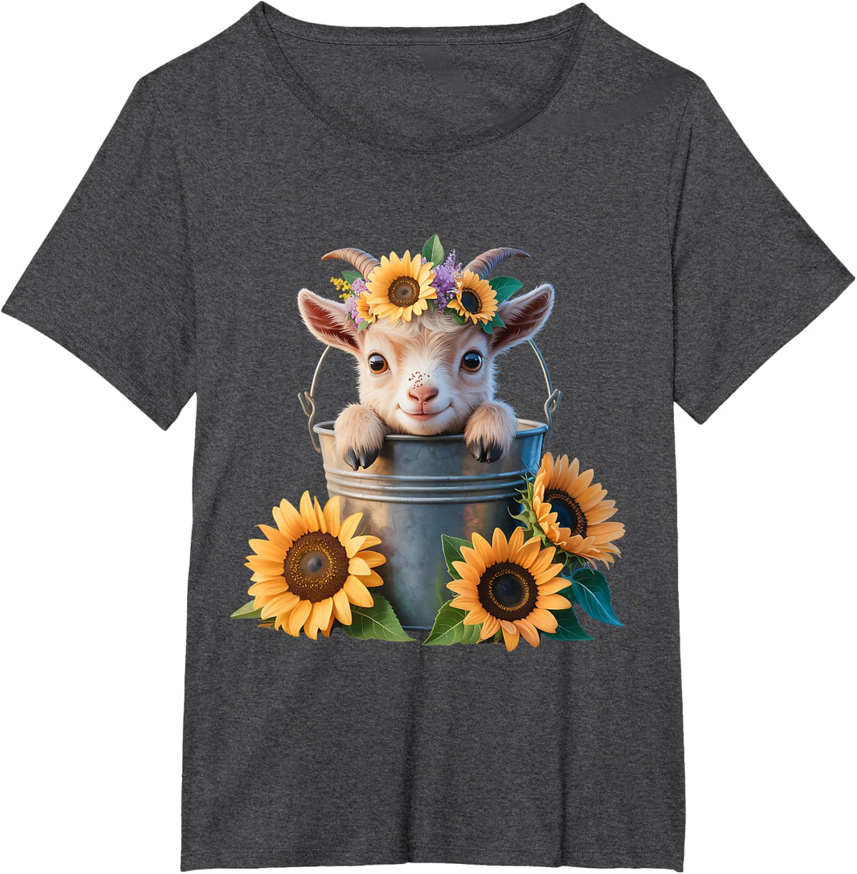 Cute Baby Goat Sunflowers In Bucket Calf Farm Design T-Shirt - Dark Heather Grey