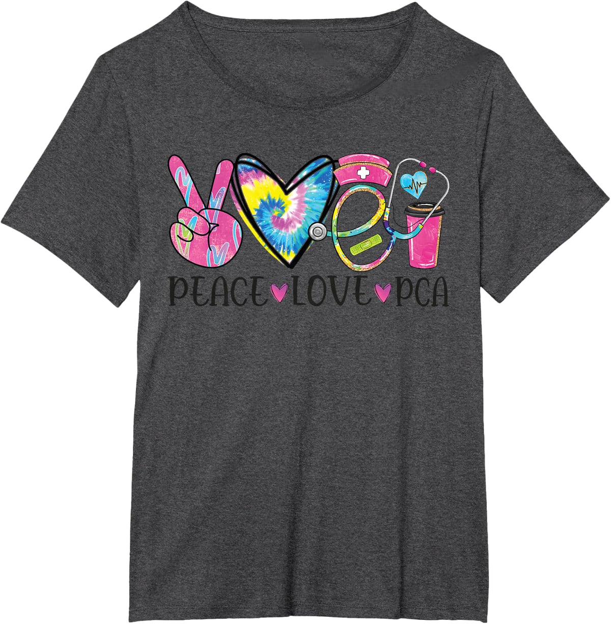 Peace Love PCA Patient Care Assistant Heart Stethoscope T-Shirt - Dark Heather Grey