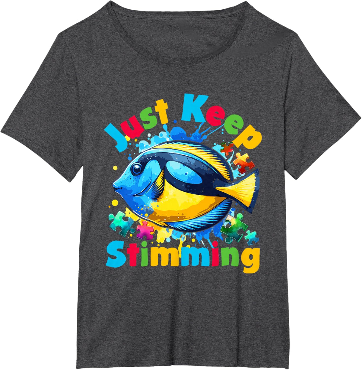 Just Keep Stimming Autism Awareness Blue Tang Fish T-Shirt - Dark Heather Grey