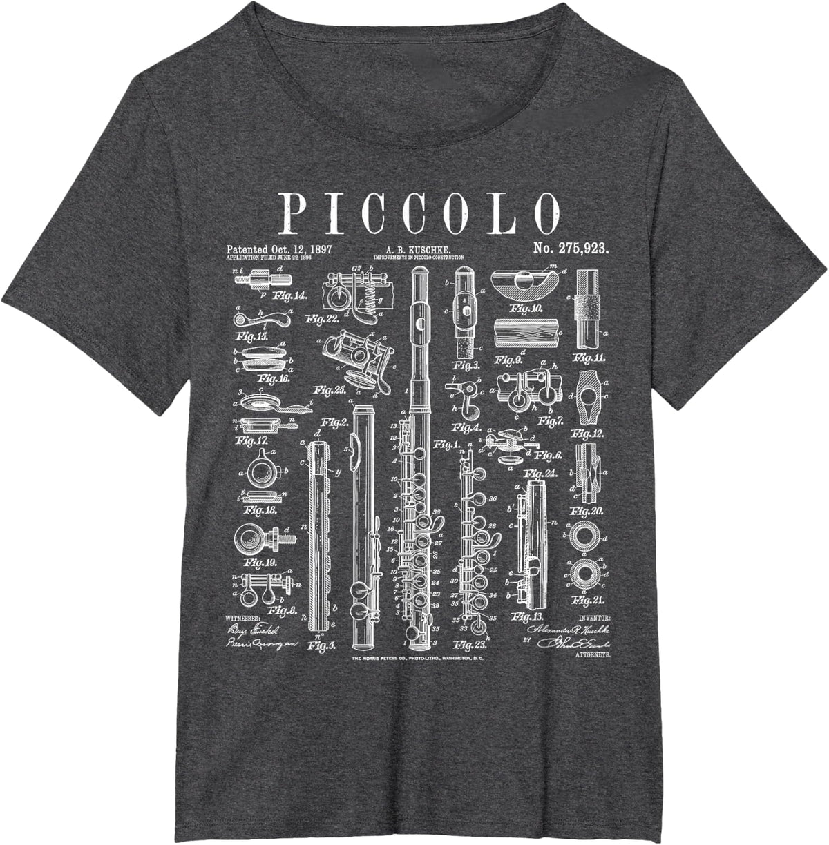 Piccolo Flute Flutist Flautist Music Player Vintage Patent T-Shirt - Dark Heather Grey