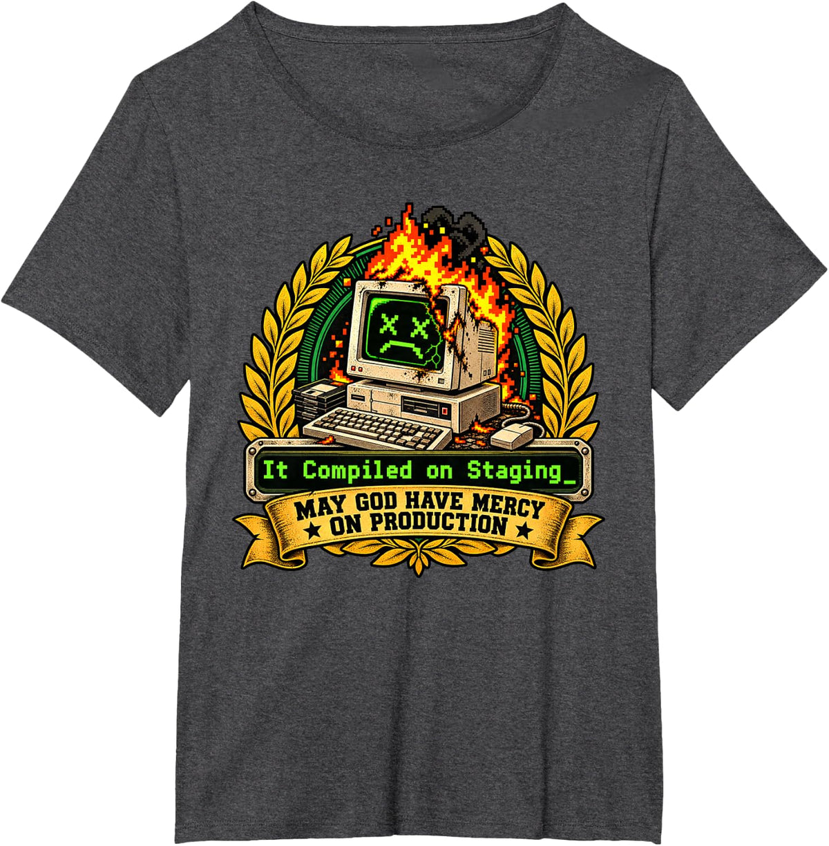 It Compiled on Staging Programmer Computer On Fire Pixel Art T-Shirt - Dark Heather Grey