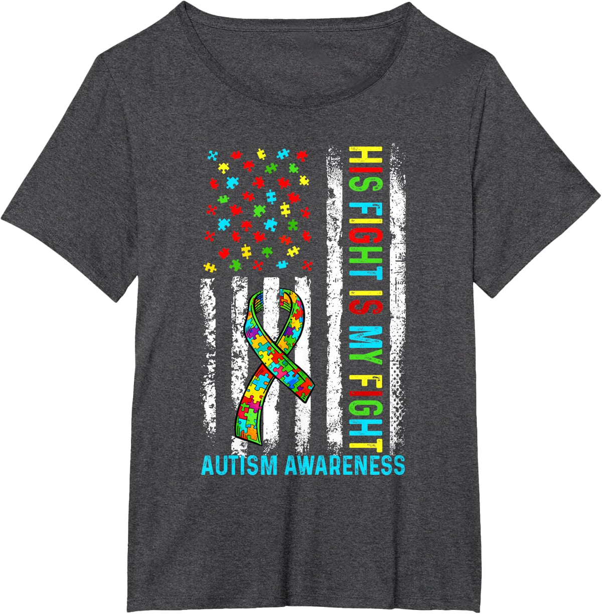 His Fight is My Fight Autism Awareness Support Ribbon Puzzel T-Shirt - Dark Heather Grey