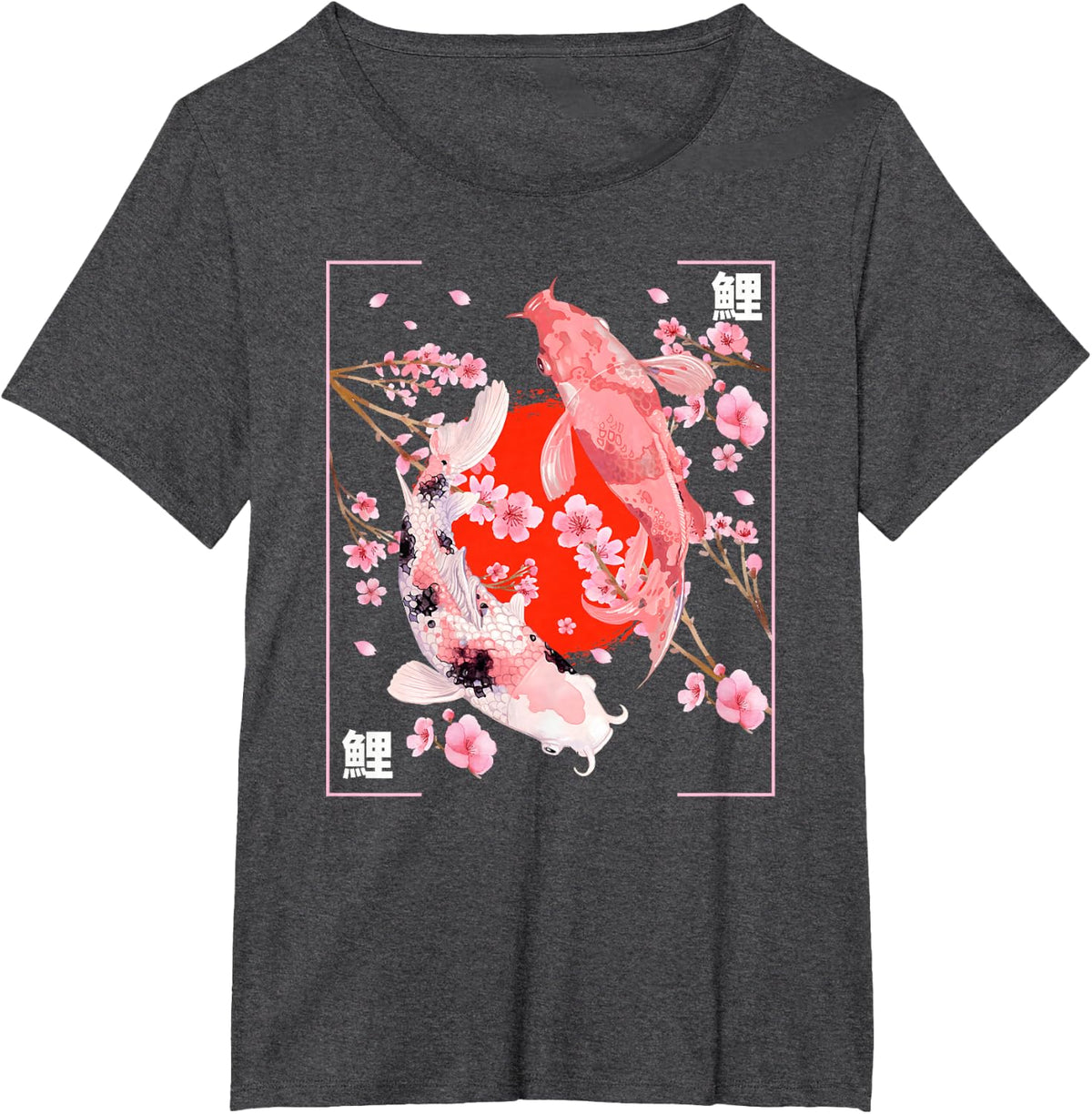 Japanese Cherry Blossom Koi Carp Fish Sakura Aesthetic Art Tees T-Shirts for Men and Women - Dark Heather Grey