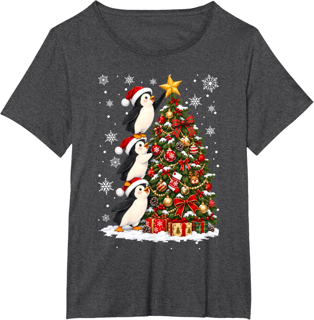 Santa Penguins Decorating Christmas Tree Kids Boys Girls T-Shirt - Dark Heather Grey