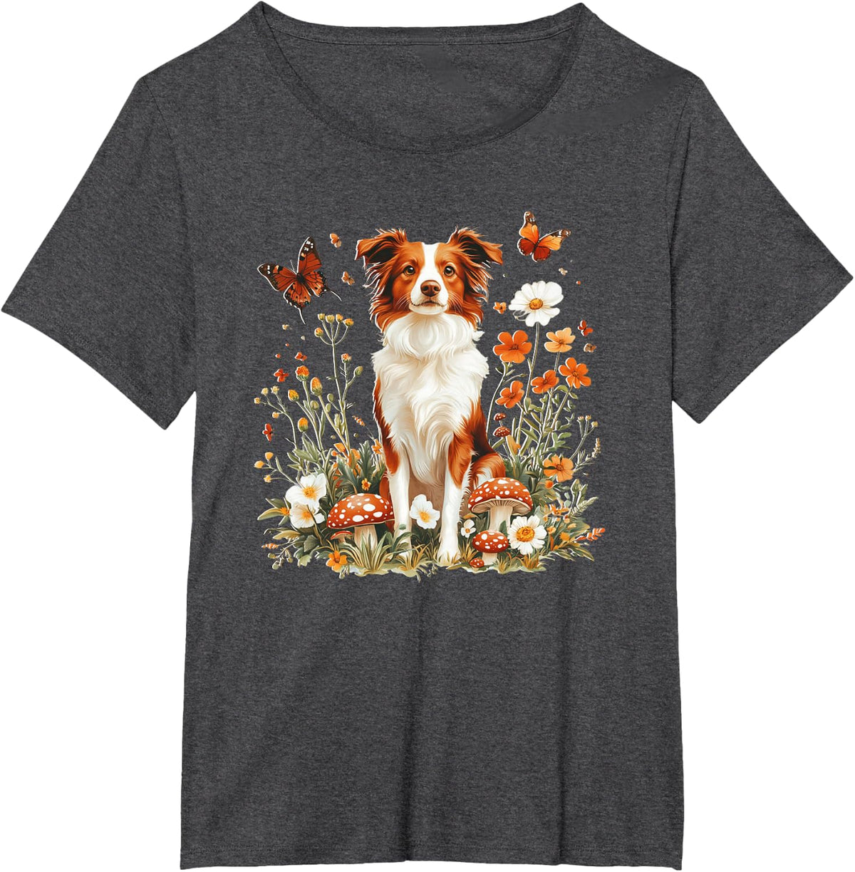 Womens Girls Vintage Nature Flowers Red Border Collie Lover T-Shirt - Dark Heather Grey