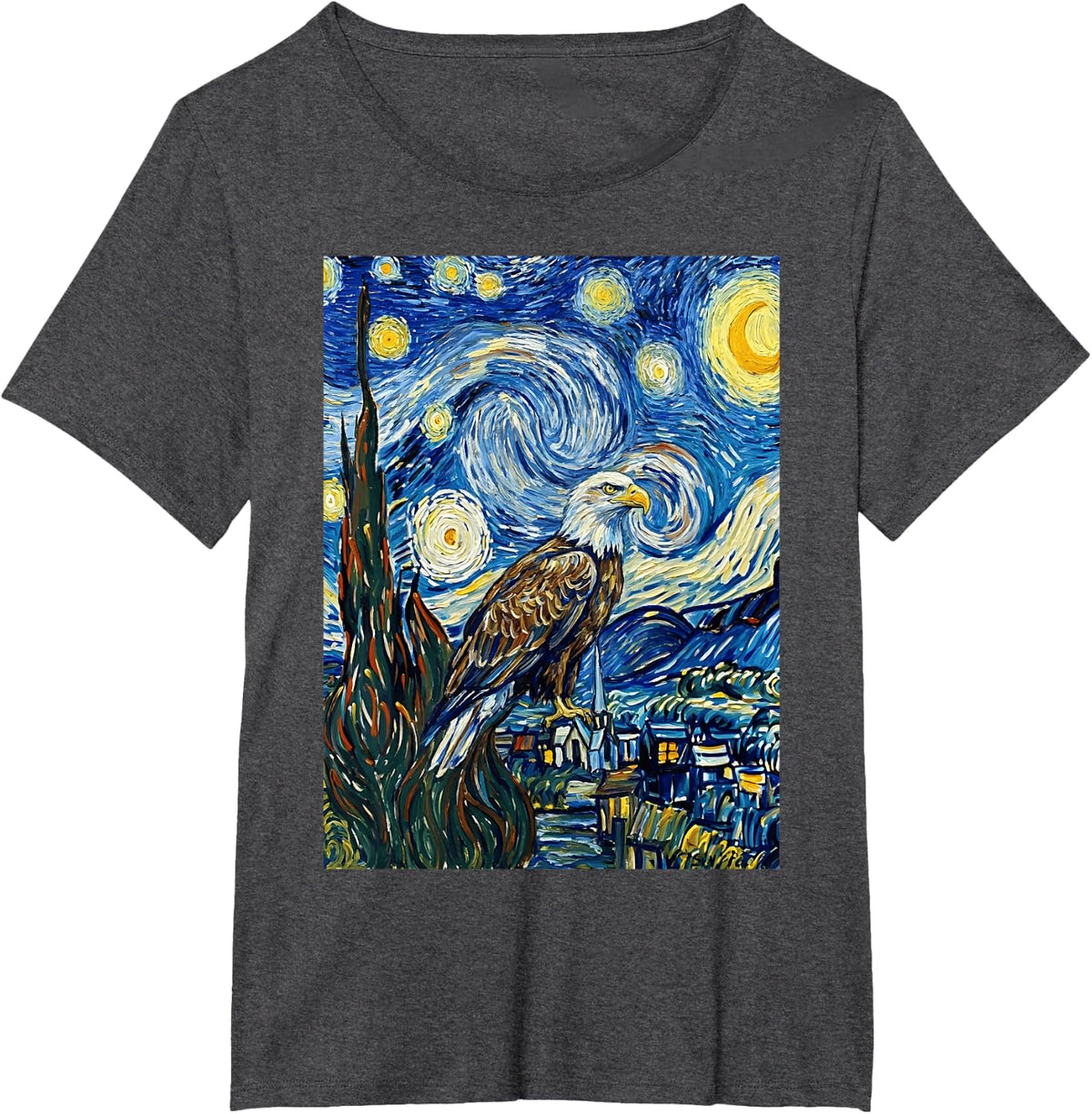 Van Gogh Starry Night Bald Eagle Art Painting T-Shirt - Dark Heather Grey