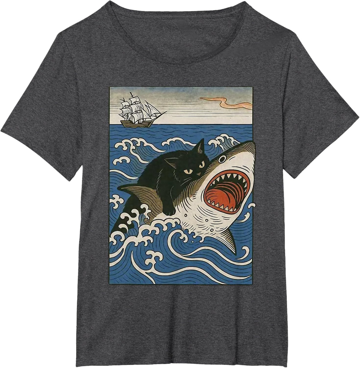 Black Cat Hunting Shark Ukiyoe Ocean Art Japanese Style T-Shirt - Dark Heather Grey