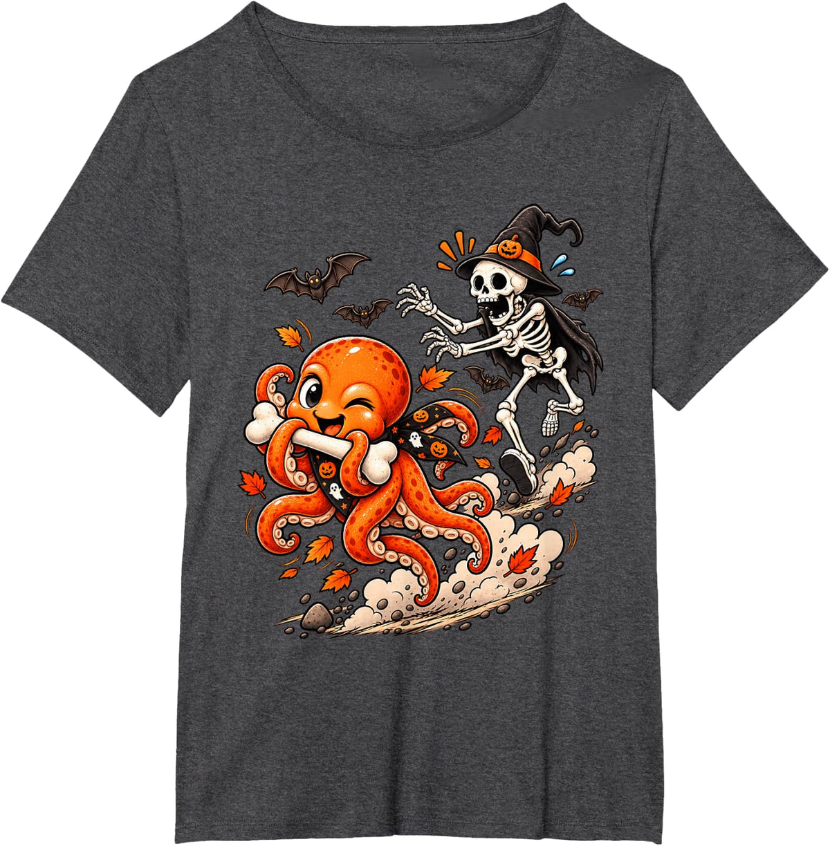 Funny Octopus Chased by Witch Skeleton Halloween Men Women T-Shirt - Dark Heather Grey
