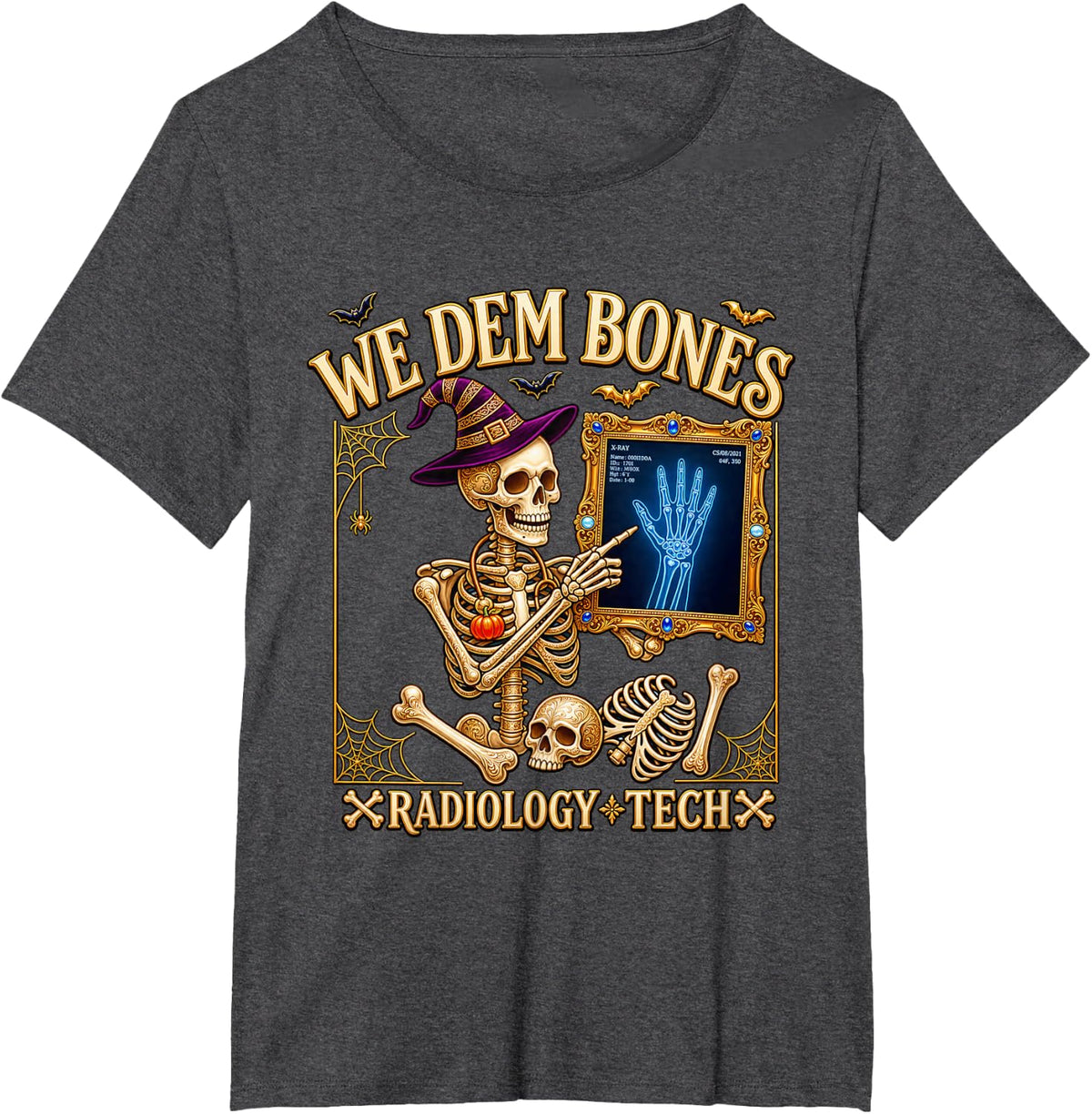 Radiology Tech We Dem Bones Halloween X-Ray Skeleton Design T-Shirt - Dark Heather Grey